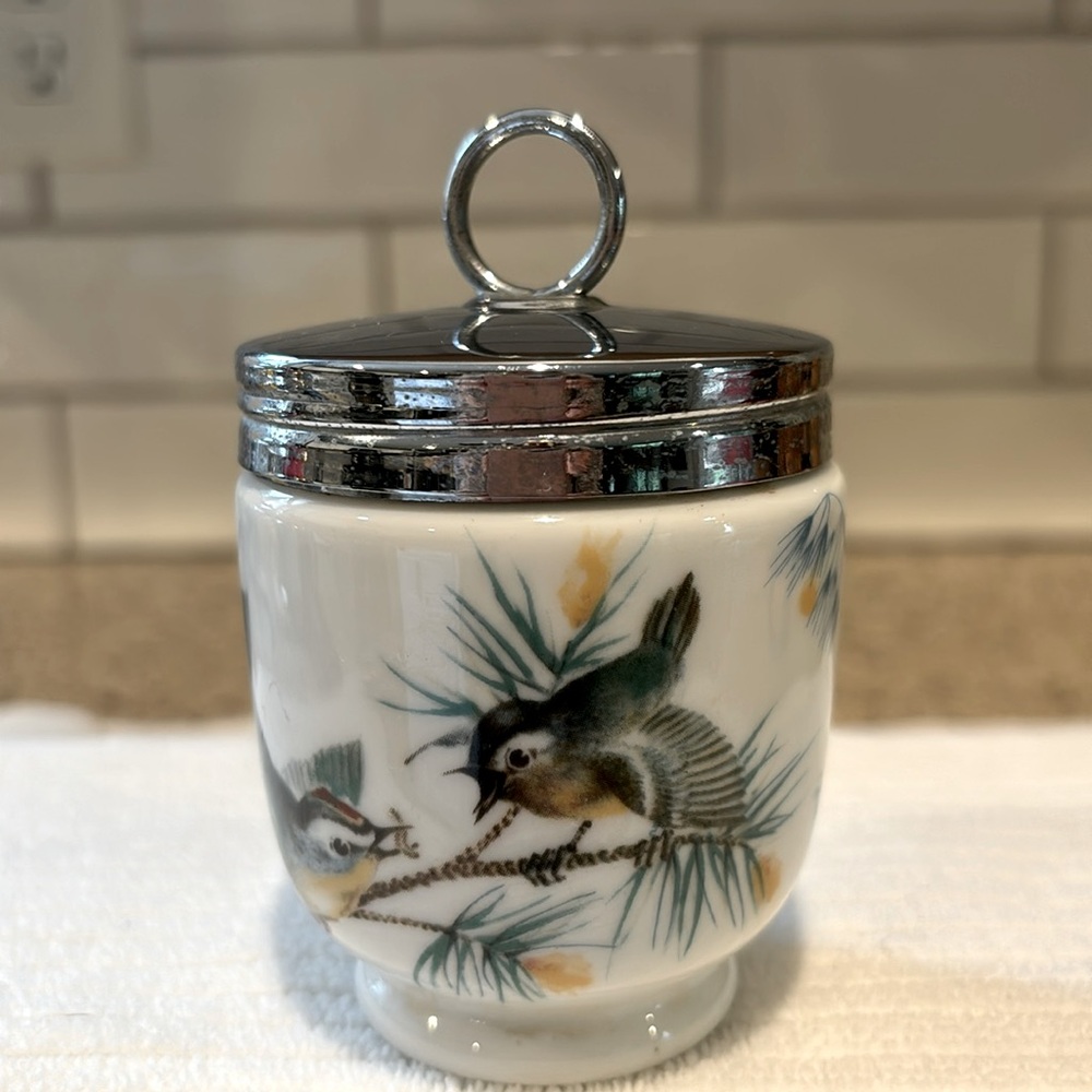 Royal Worcester White Porcelain Bird Pattern Egg Coddler with Silver Lid